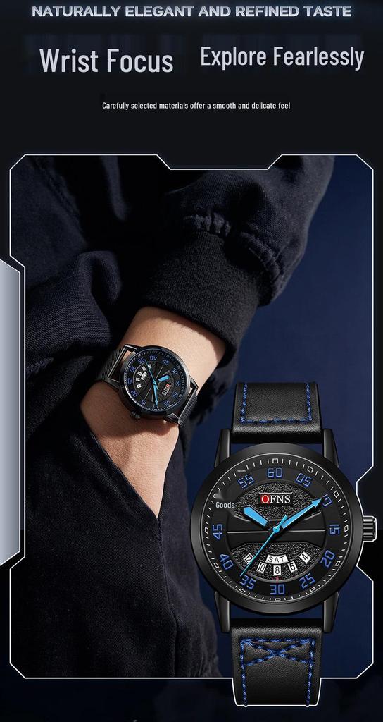 OFNS Men's Dual Calendar Waterproof Quartz Watch – Trendy, Simple Design with Large Round Dial