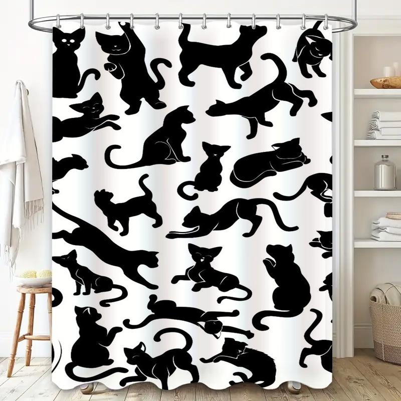 Black White Cat Shower Curtain: Modern Bath Decor Black Cats Pattern, Polyester Fabric Waterproof Shower Curtains for Home Bathr