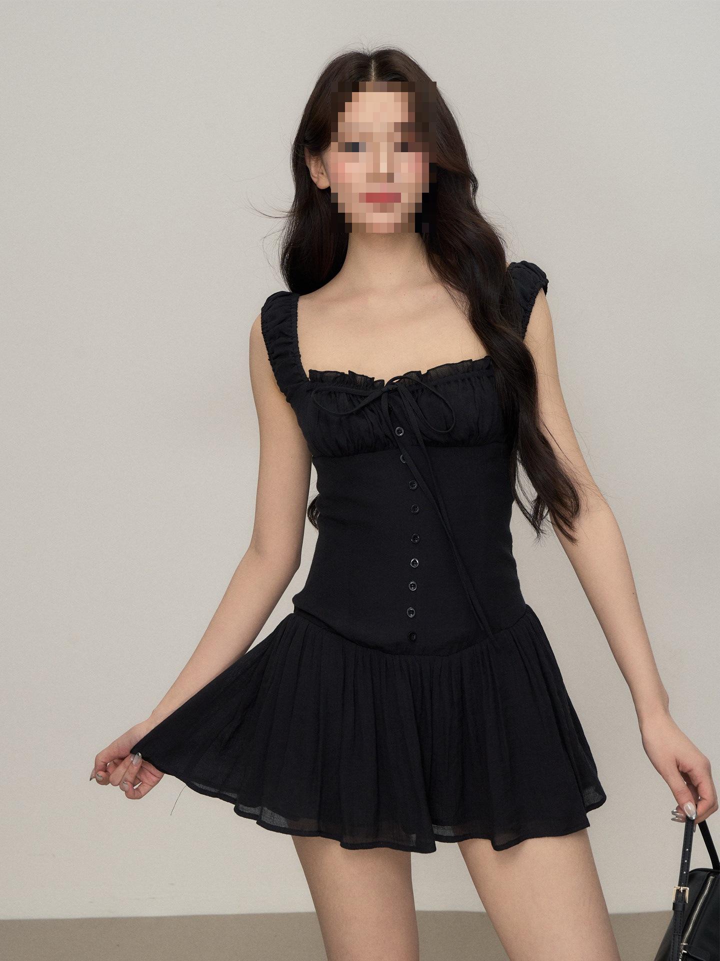 

OIOI ESSE Little Black Dress of Life Square Neck Tie-Up Summer Dress for Women - French Style Waist-Cinched Camisole Small чёрный