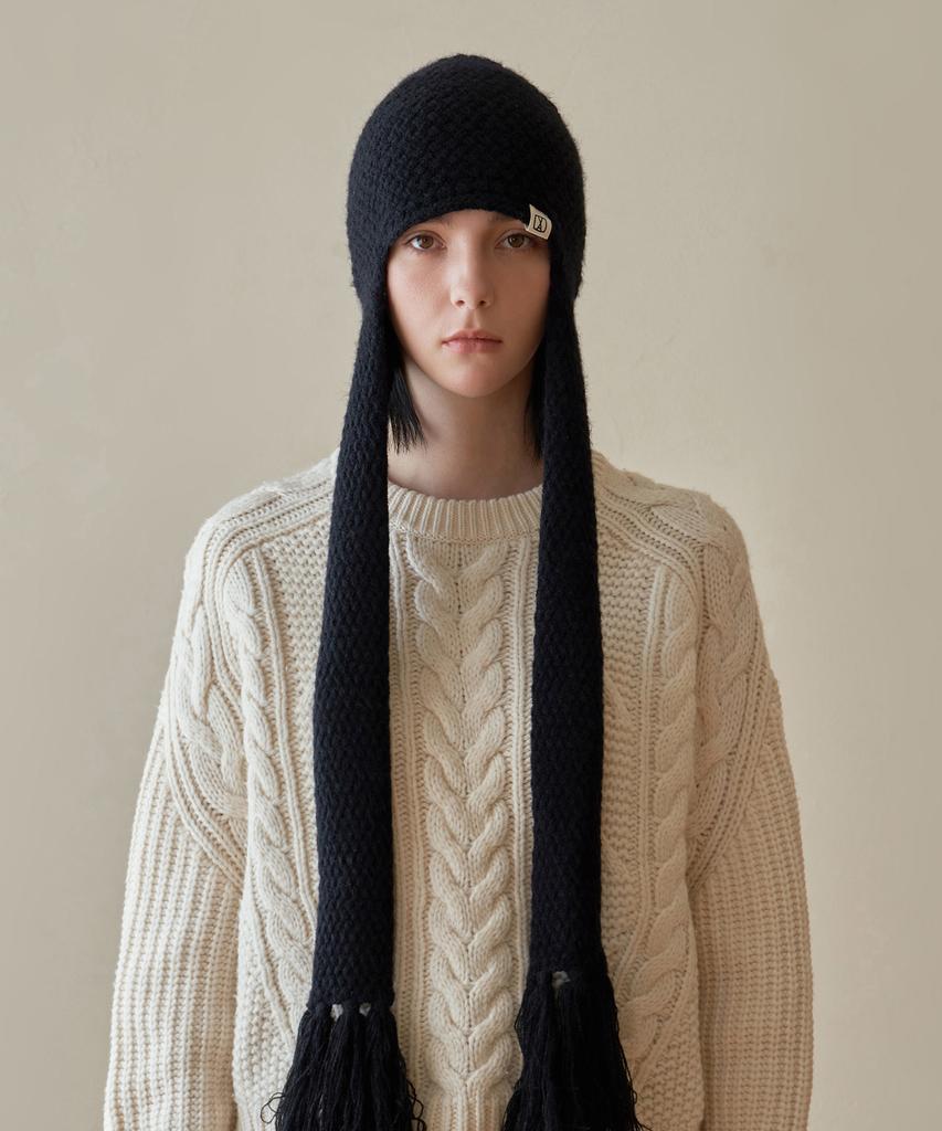 Bajal Va Square Label Knit Scarf Beanie Black
