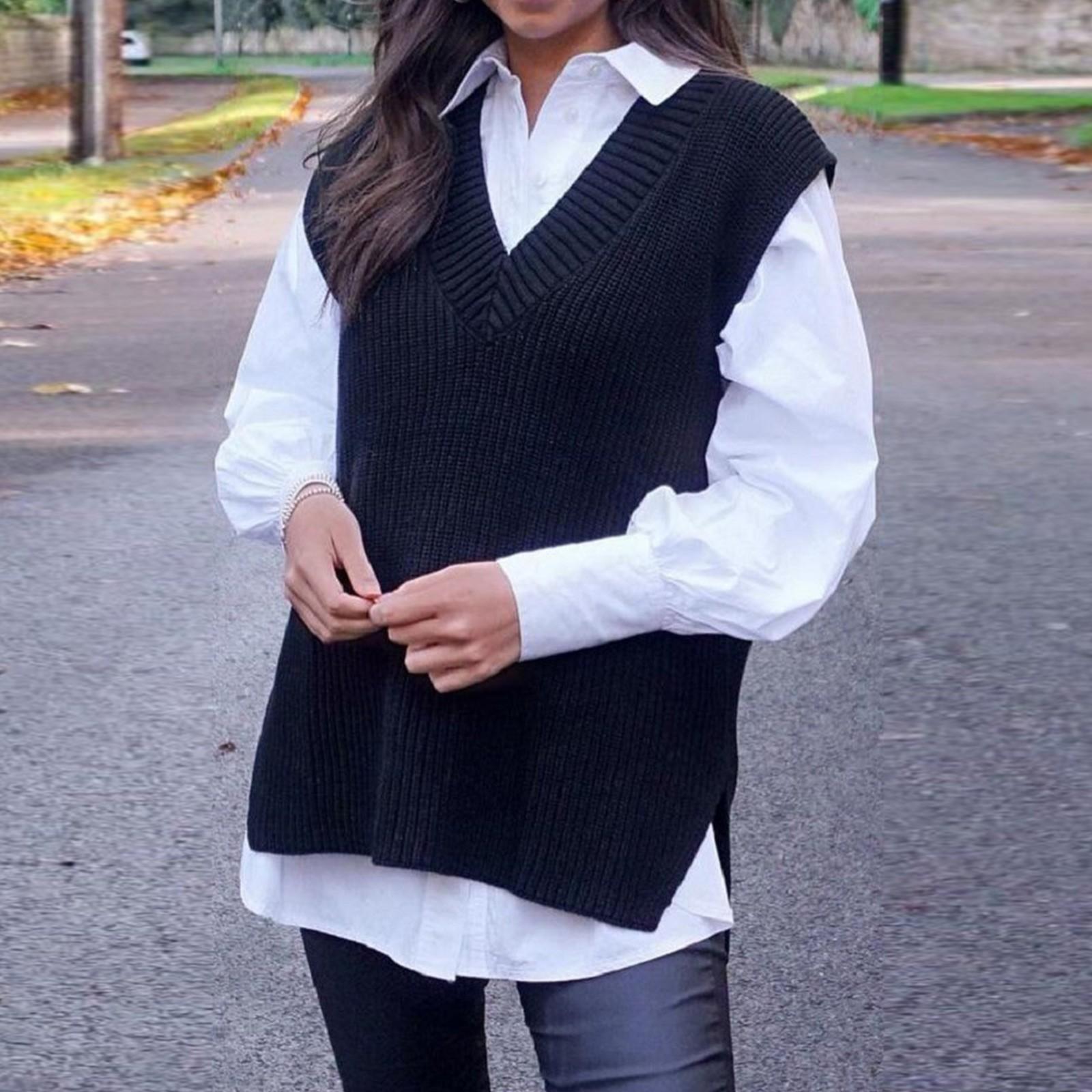 

Женская повседневная пуловерная рубашка с v-образным вырезом, цветной свитер без рукавов, жилет XXL чёрный