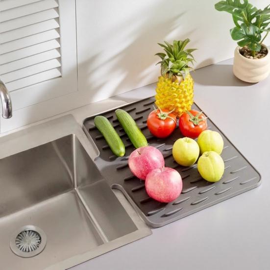 Silicone Drain Mat Thick Dish Drying Mat with Drainage Heat-Resistant Non-Slip Bar Sink Drying Pad for Countertops