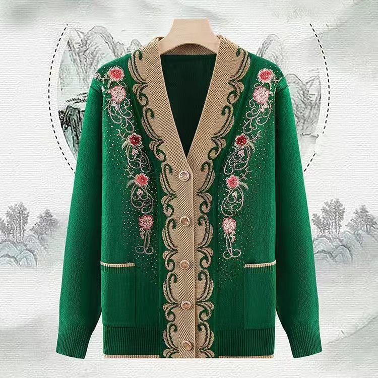 Ethnic Style Women's Thick Cardigan  Autumn Winter Embroidered Rhinestone V-Neck Knit Cardigan
