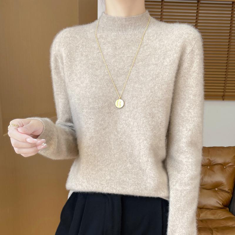 Women's Soft Pure Wool Sweater - Half-High Neck, Slimming, Fashionable, Skin-Friendly Knit