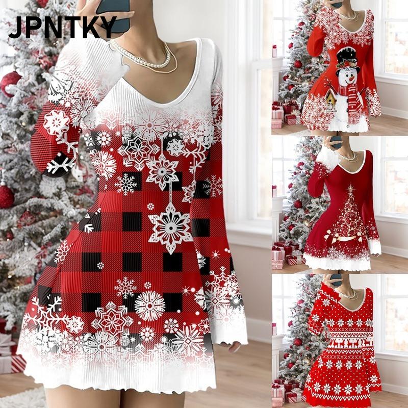 JPNTKY Moda Autunno Inverno Manica Lunga Scollo a U Abiti Casual