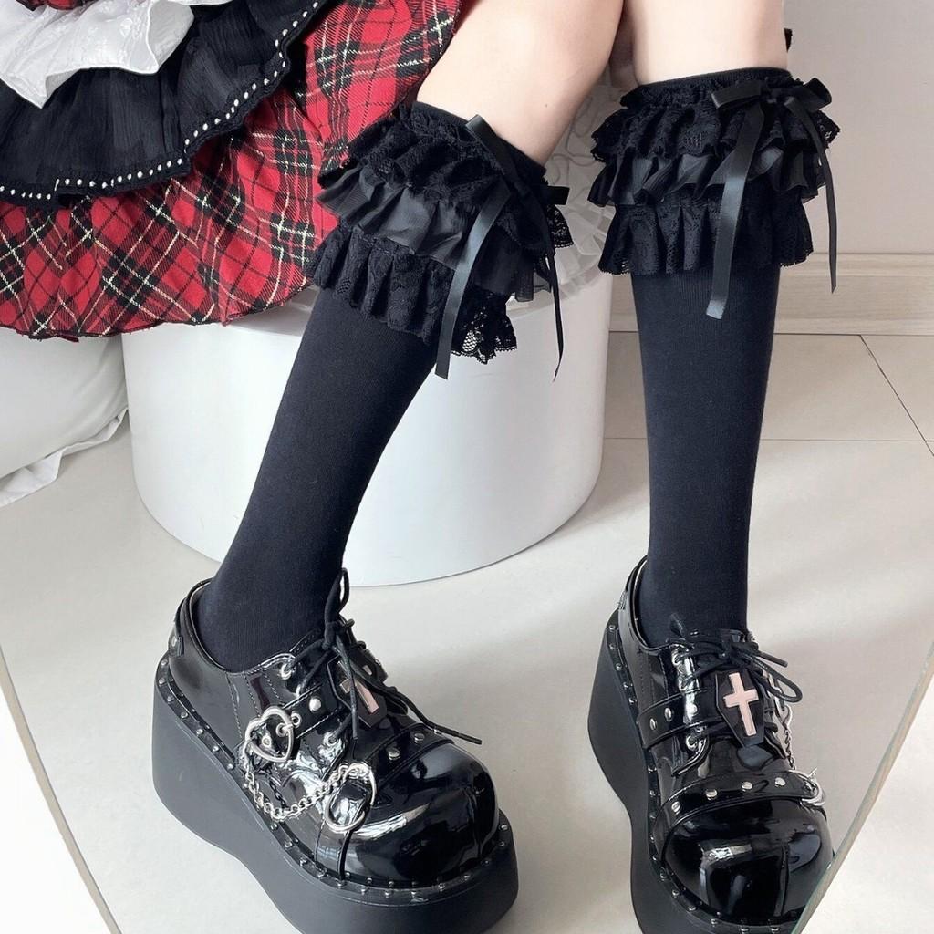 Calzini al ginocchio in cotone stile Lolita con fiocco nero per autunno, inverno, uso quotidiano