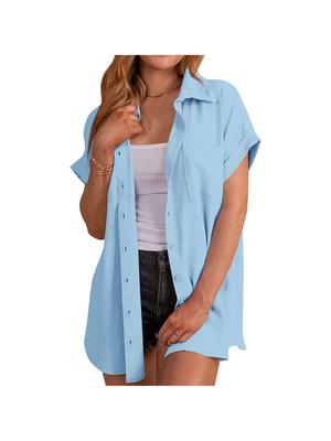 Dames Knopen Blouse Korte Mouw Los Zomer Blouse Top met Zakken