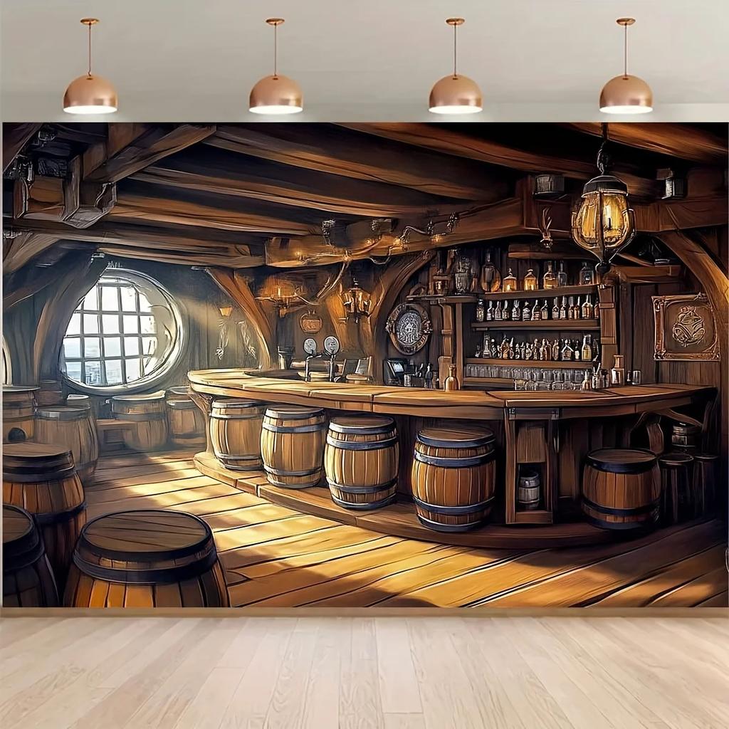1 Polyester Foto-Hintergrundbanner, Piratenbar, Retro-Stil, Bar-Interieur und Fass-Party-Hintergrundstoff