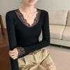 Women's Beige Lace Trim Ribbed Long-Sleeve Top Slim-Fit Casual Basic Shirt