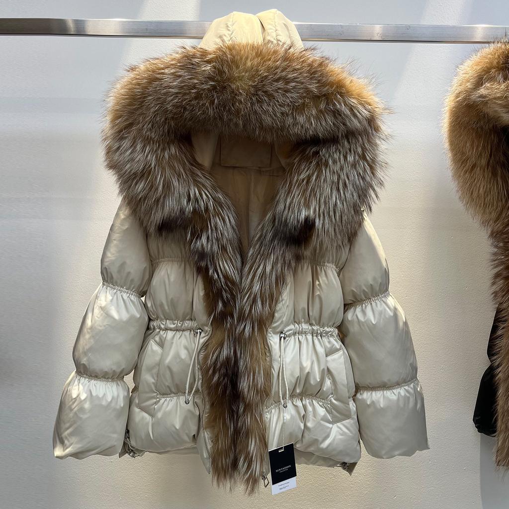 European winter new fur fox big fur collar hooded down jacket women's short loose waist thickened coat