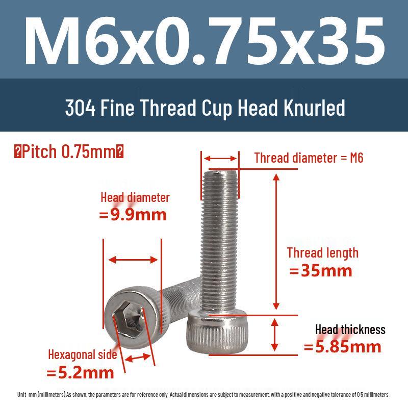 Yigu Fine Thread Knurled Socket Head Screws, 304 Stainless Steel, M3-M12