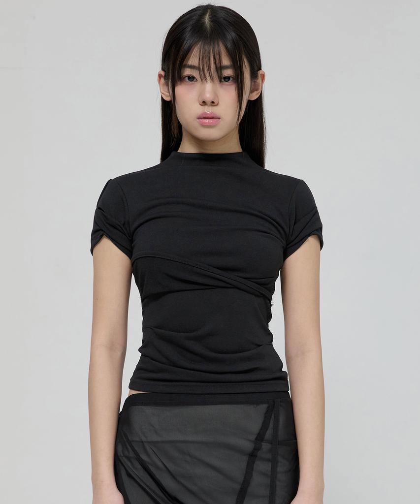 Peulleeoeob Asymmetrical Draped Mock Neck T-Shirt (Fl-126_Black)