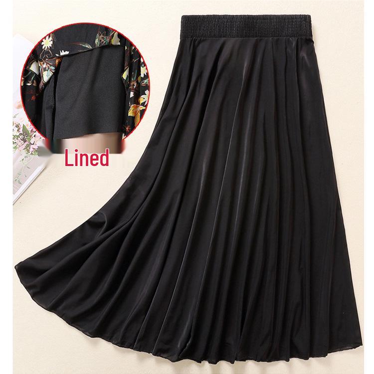 Women's Summer Midi Skirt with Lining - Elegant Swing Ice Silk for Middle-Aged and Elderly
