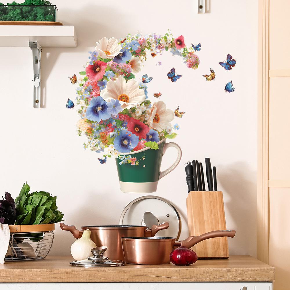 Colorful Flower and Butterfly Dance Stickers for Restaurant, Kitchen, Home Decoration and Beautification Walls