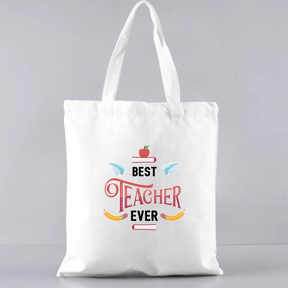 Fashion Shopping Bag Handbag Commuter Casual Shoulder Bag Reusable Canvas Bag White Cartoon Teacher Pattern Printing Tote Bag