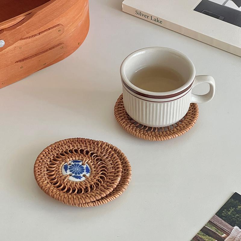 Getränkeuntersetzer, rund, Teller, Geschirr, handgefertigt, Tischset, rutschfest, Rattan-Gewebe, Tassenmatte, Wärmedämmung, Tischschüsselunterlage