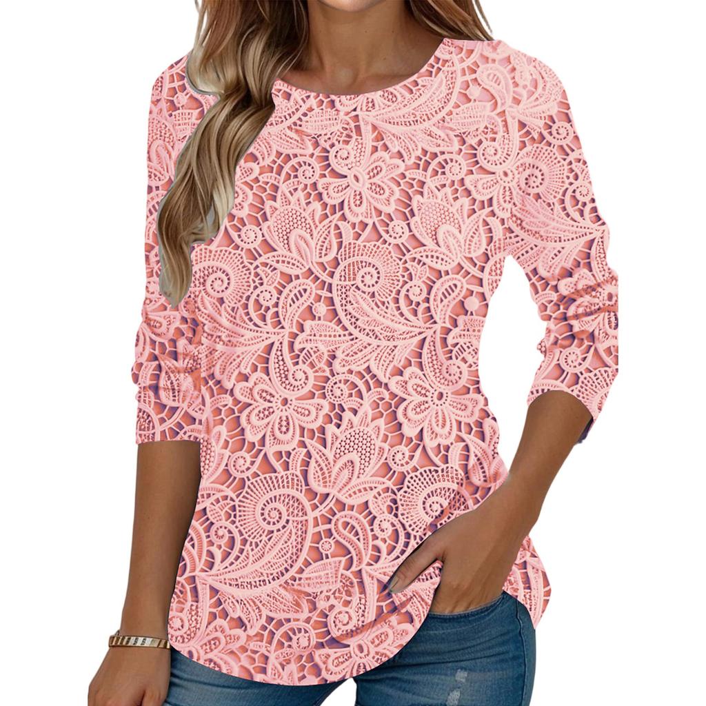 Women's  Fashionable Round Neck Long Sleeved Lace Patterned Printed Pullover T-shirt Top