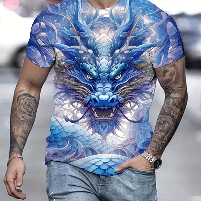 Camiseta masculina com estampa de dragão 3D e flores, top casual levemente elástico e respirável, adequada para o verão ao ar livre