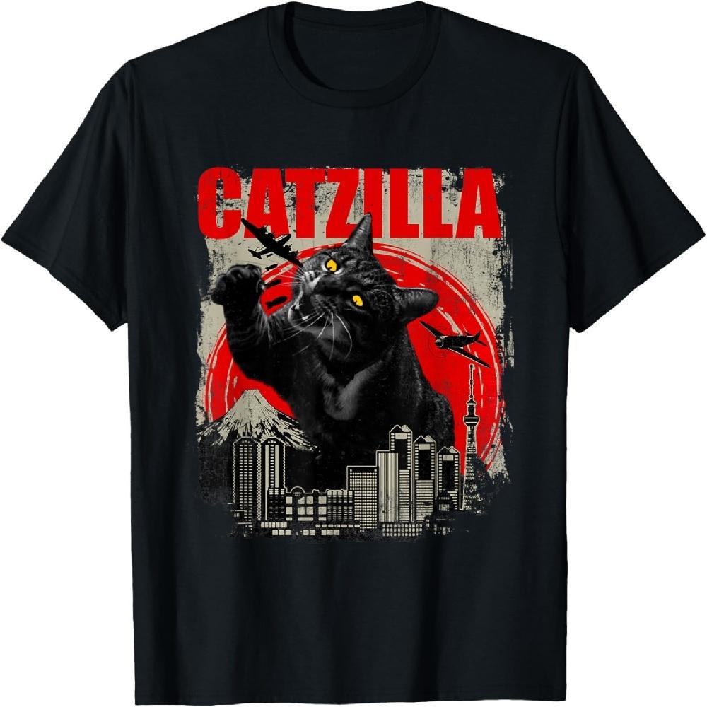 Catzilla - Забавная футболка с коротким рукавом для любителей кошек, кошечка, размер S XXXXXL чёрный