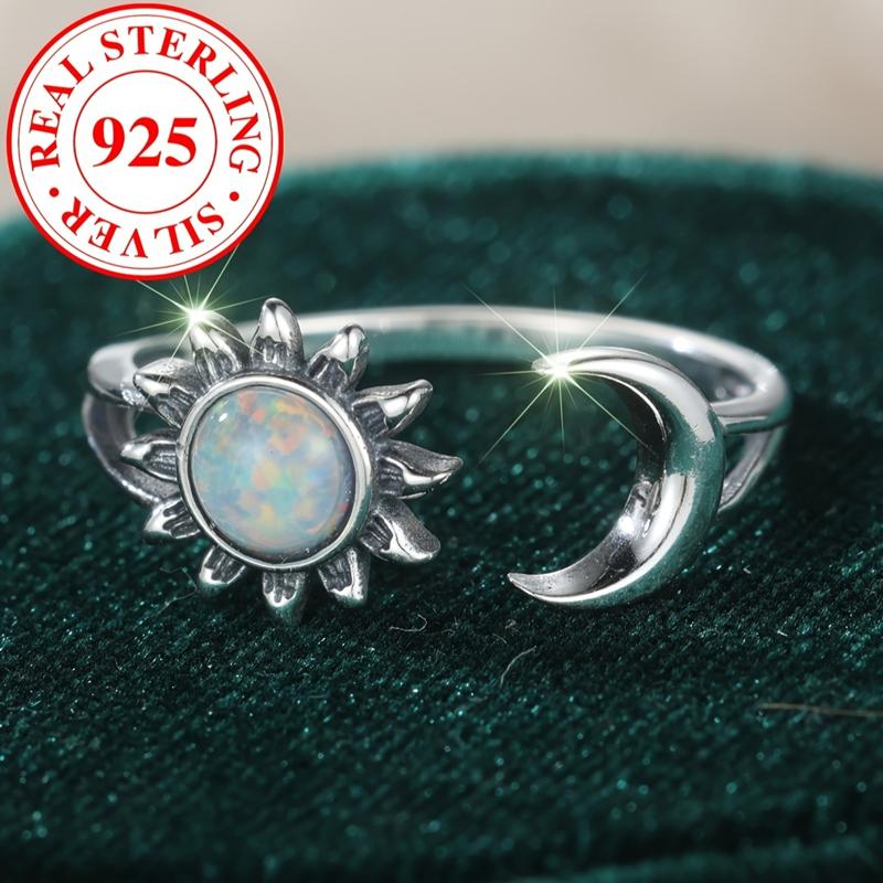 

Настоящее кольцо из стерлингового серебра S925 пробы с натуральным белым огненным опалом, винтажное кольцо с изображением солнца и луны, регулируемые кольца для женщин, свадебные украшения для вечеринок, подарки серебряный