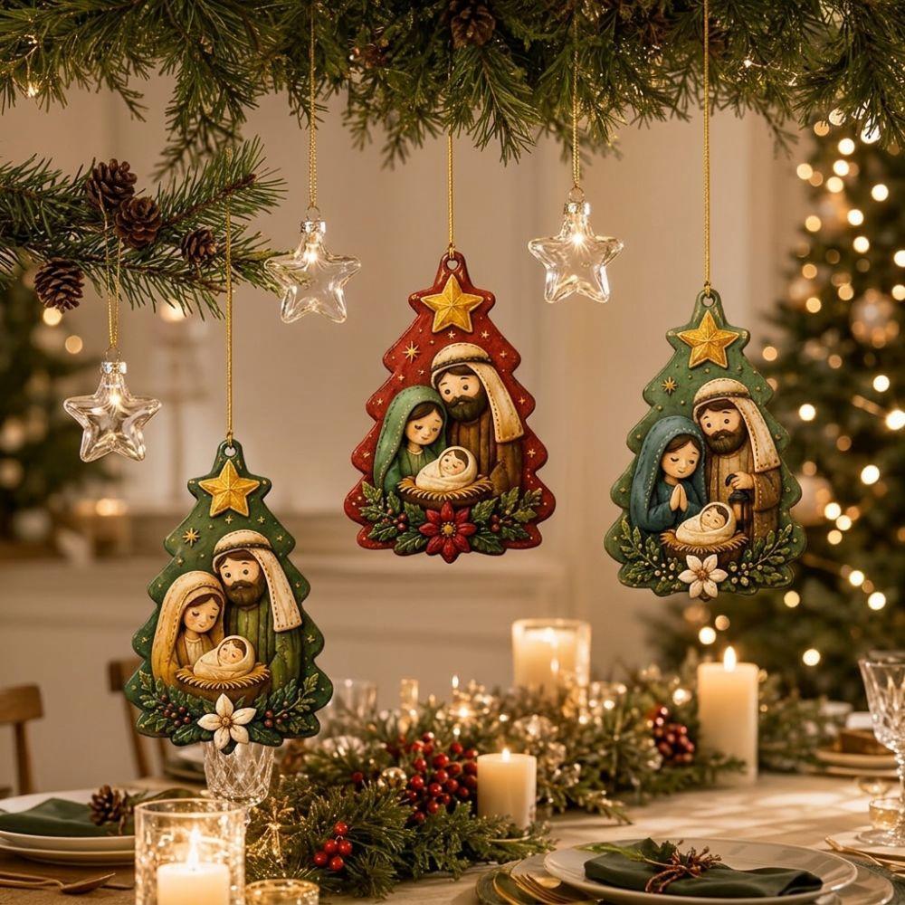 15Pcs 2D Flat Wooden Nativity Ornaments Set Religious Christmas Decor Theme Party Decoration