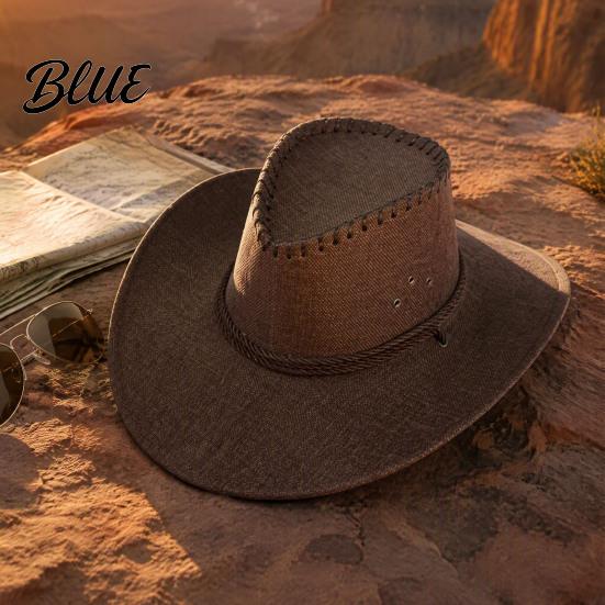 Sun Proof Linen Cap Western Cowboy Hat with Windbreak Rope for Men Wide Brim Fashionable Outdoor Travel Halloween Cosplay Costume Breathable Fedora