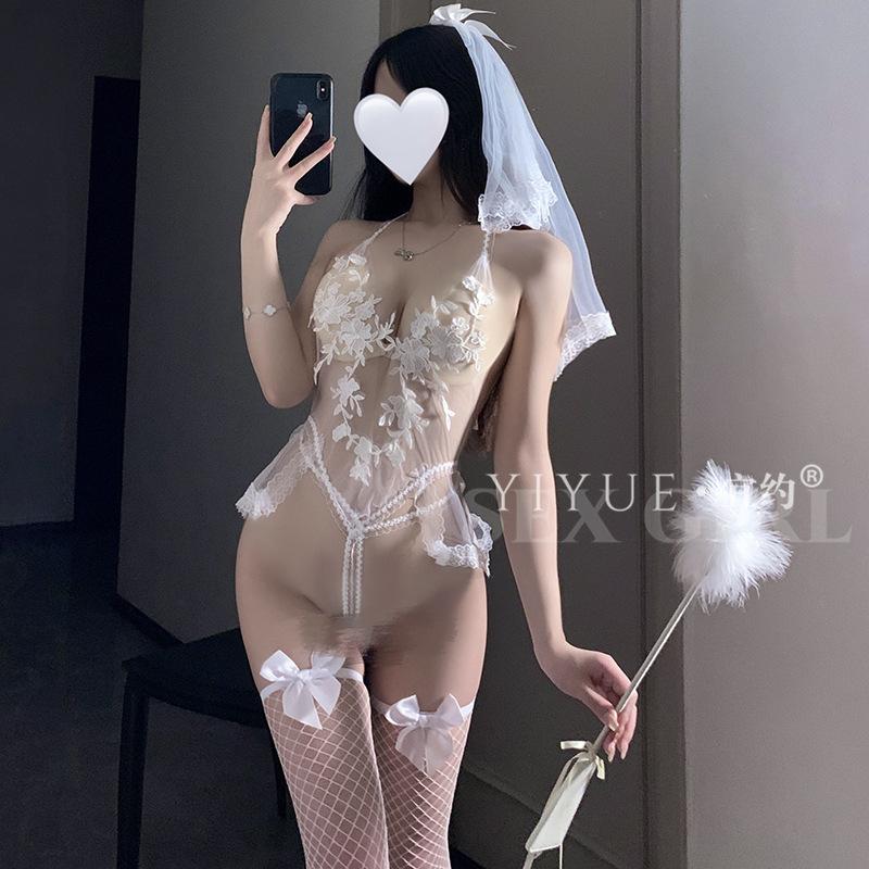 Erotic Underwear Sexy Embroidered One-piece Dress for Brides Seductive See-through Pajama Set 1469
