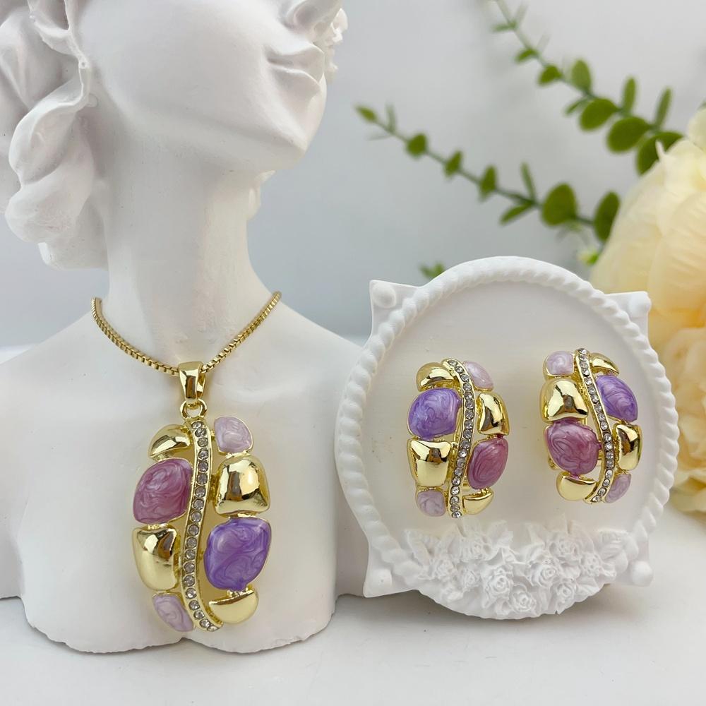 Multi Color Resin Gem Wrapped Metal Jewelry Set Women Necklace Earring Retro Luxury Accessory KY25173