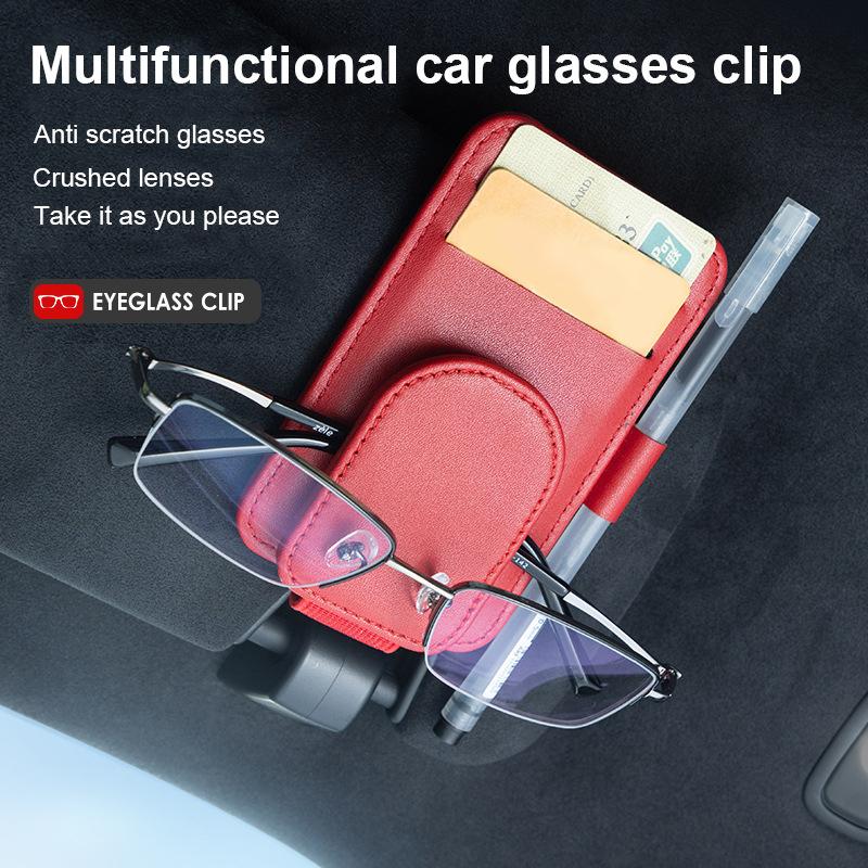 Multifunctional Pu Leather Car Sun Visor Glasses Holder Creative Sunshade Sunglasses Storage Case Magnetic Clip Pen Card Holder