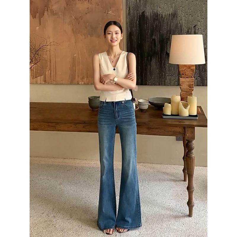 

Vintage high-waisted micro-pull pants Spice girl jeans horseshoe pants women s summer thin versatile straight pants long pants XL темно-синий