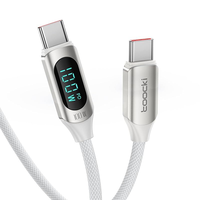 

toocki usb c кабель 100 Вт 1 м со светодиодным дисплеем [белый] кабель типа c PD/QC быстрая зарядка typec нейлоновая вязка передача данных телефон 16/телефон 15/телефон Plus,