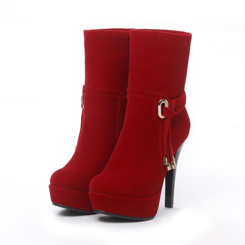 

Женские короткие сапоги на высоком каблуке, сексуальные, в европейском и американском стиле, водонепроницаемые, на тонком каблуке, универсальные, однотонные короткие сапоги 34 красный