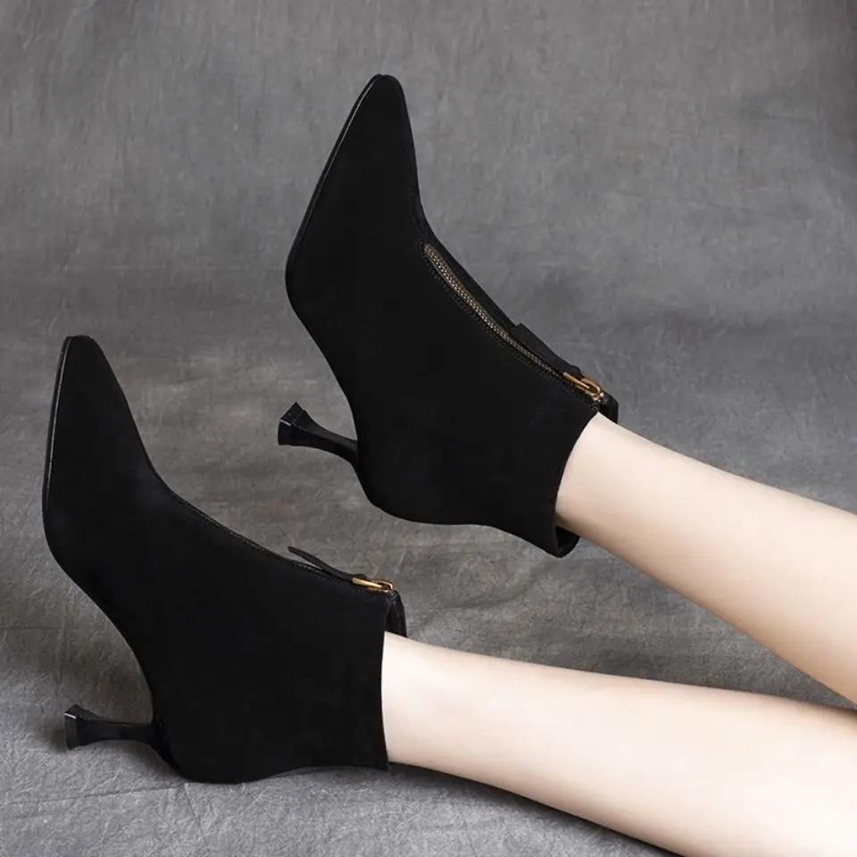 Fashion Ankle Boots for Women Stiletto Heel British Style Zip Woman Short Shoes Plain Comfortable and Elegant Footwear New In Pu Booties