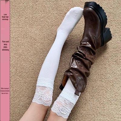 Elegant White Thigh-High Lace Stockings with Boots - Chic Japanese Celebrity Style, Thickened Cotton, Over-the-Knee for Women.