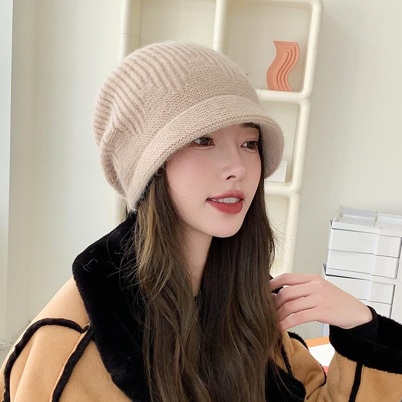 New Hat Women's Winter Knitted Face Small Autumn and Winter Rabbit Fur Warm and Thickened Piled Wool Hat