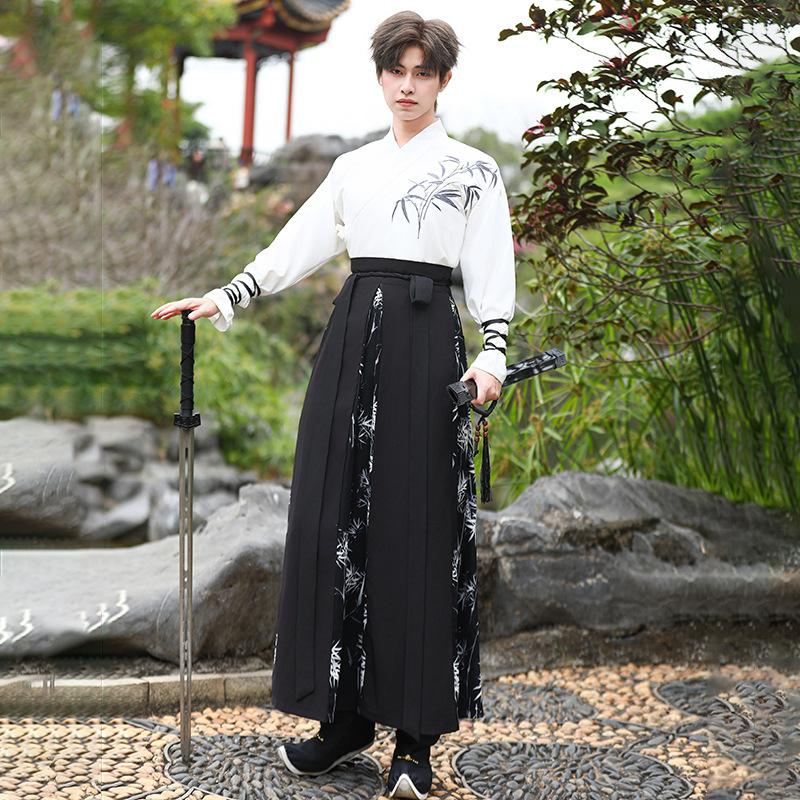 Men's Chinese Style Hanfu Set, Bamboo Embroidery Cross-Collar Wuxia Martial Arts Costume