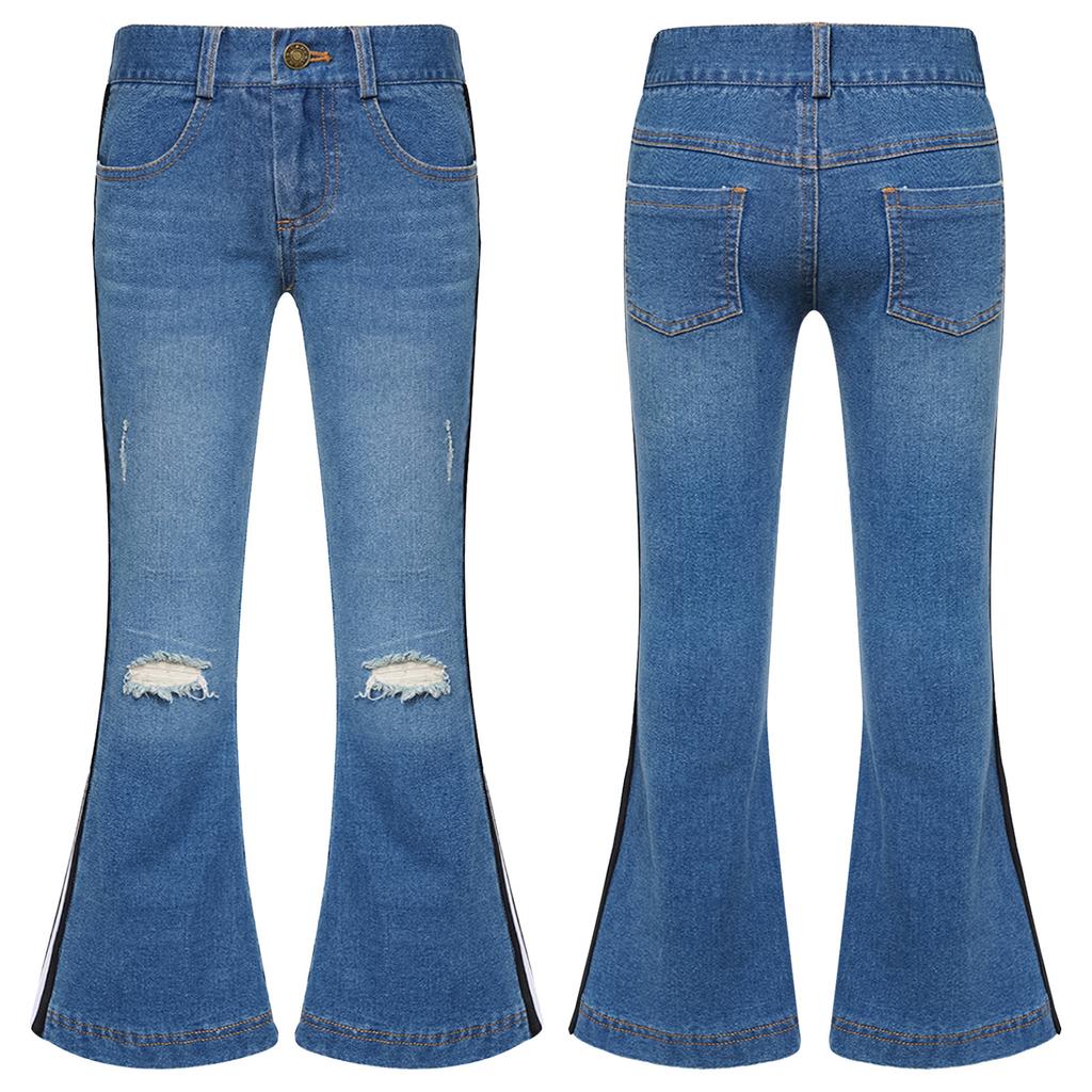 Kids Girls Casual Stripe Side Long Pants Elastic Waistband Ripped Bell-bottom Hem Denim Pants
