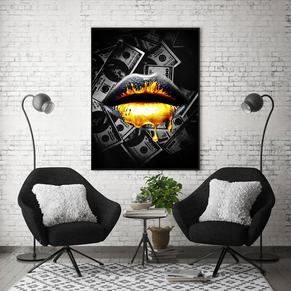 Modern Golden Lips Dollar Money Poster Print Wall Art Luxury Art Canvas Painting Abstract Pictures for Living Room Home Decor No Frame