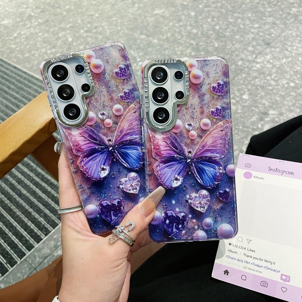 S26 Ultra  Glitter Butterfly Love Phone Case For Samsung Galaxy S26 S2 S24 Plus S23 Ultra Hard PC Bing Cover Shell