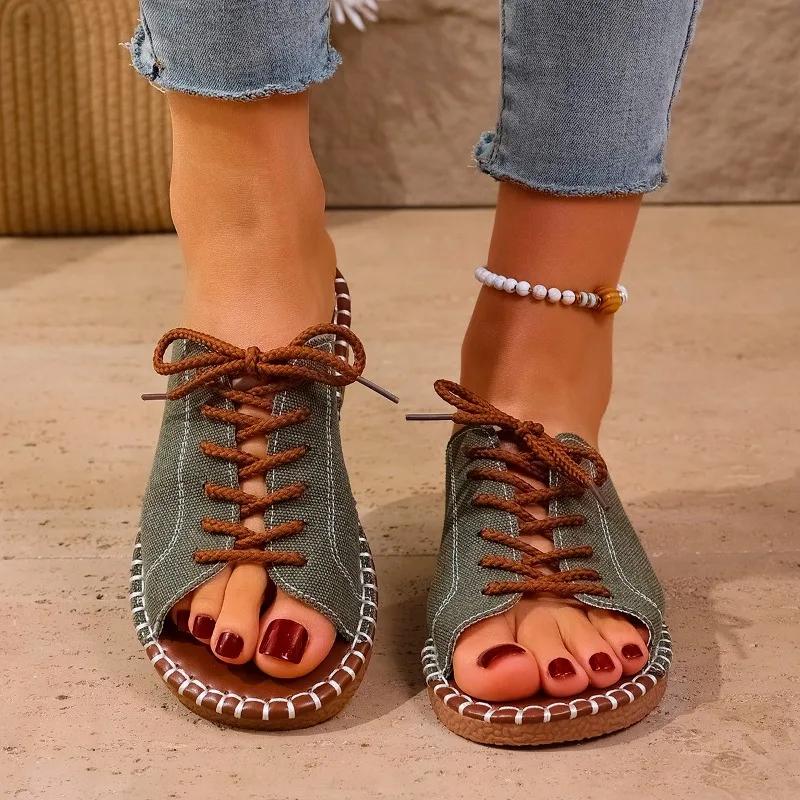 2025 Summer New Women's Open Toe Slippers Hot Sale Front Lace-up Low Heel Sandals Plus Size High Quality Outdoor Casual Slippers