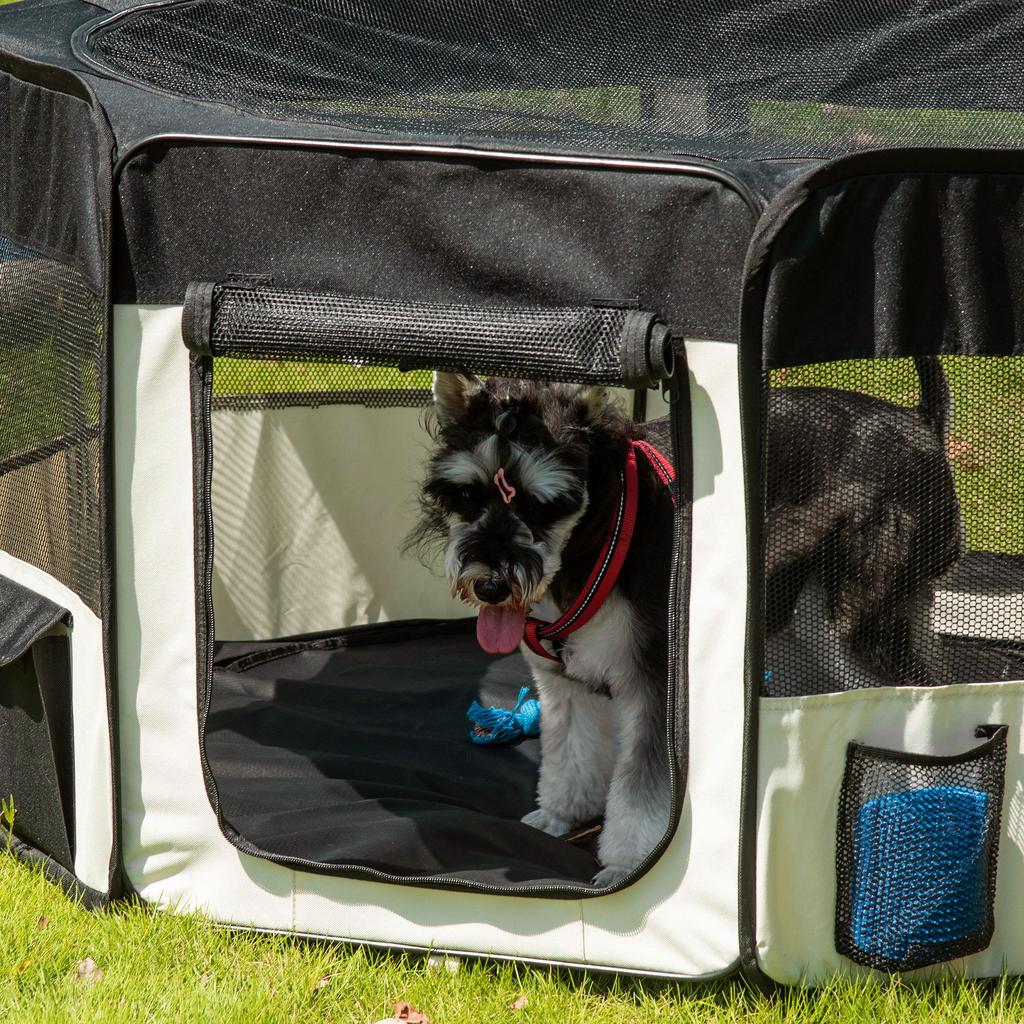 Puppy Playpen Foldable Mesh Cover Dog Playpen Breathable Mesh diameter 120 x 58H cm Black+Cream White