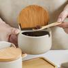 Beige Ceramic Seasoning Jar with Bamboo Lid Kitchen Spice Container Household Salt and Sugar Bowl Set Seasoning Storage Box