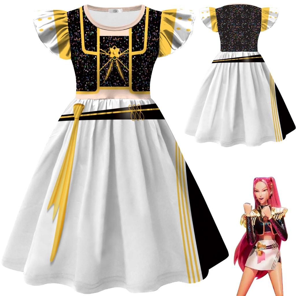 Kids Children Girls Anime Movie POP Singer Super Star Printed Pleat Ruffle Sleeves Party Dress Halloween Cosplay Costumes