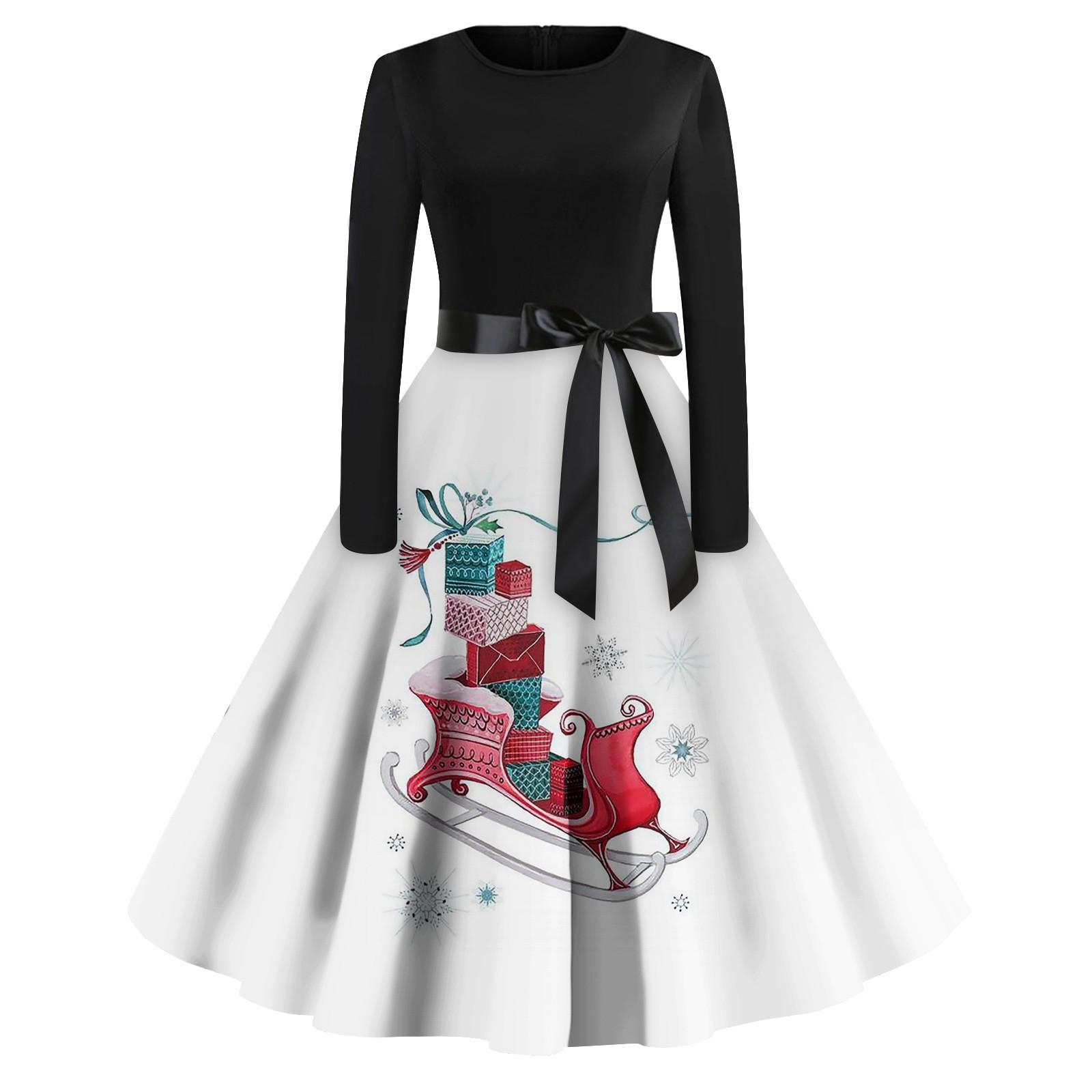 

Женская мода винтаж с длинным рукавом и круглым вырезом с рождественским принтом вечерние платья платья L белый