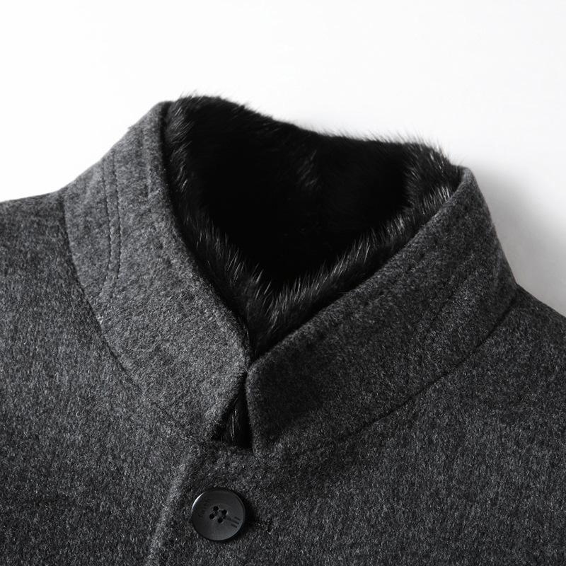 Herren Doppelseitige Wolljacke Abnehmbarer Weißer Entendaunen-Liner Nerz Stehkragen Mittel und Lang Wolle Wolljacke Business