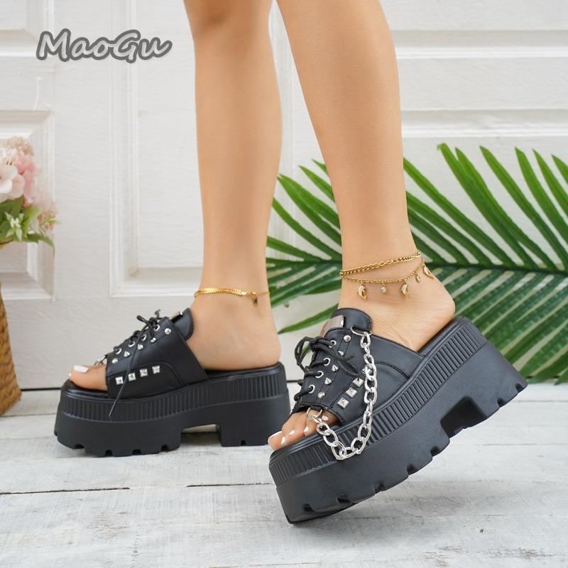 Fashion Women Summer 2025 Fashion Slippers Size42 Thick Heel Chain Rivet Decor Platform Slippers Punk Style High Heels Zapatos De Mujer