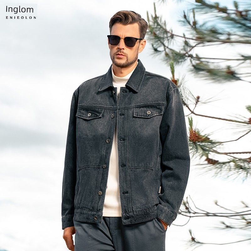 Yingjuelun Autumn and Winter Vintage Washed Distressed Lapel Denim Jacket Men's American High Street Workwear Denim Jacket Trendy