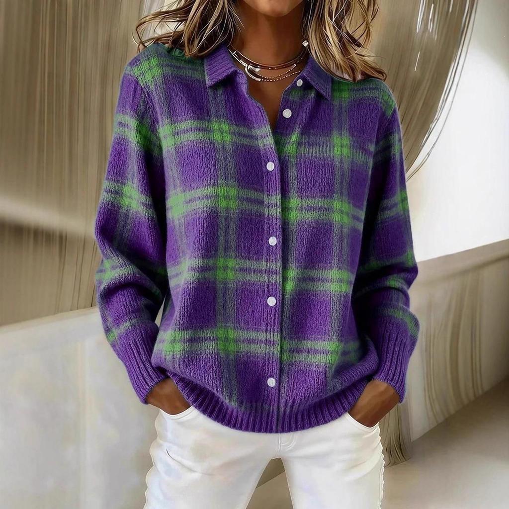 Women's Casual Plaid Long Sleeve Lapel Cardigan Sweater