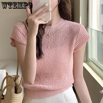 Summer Women's Hollow Knitted T-shirt Slim Short Sleeved Stylish and Unique Bottom Top