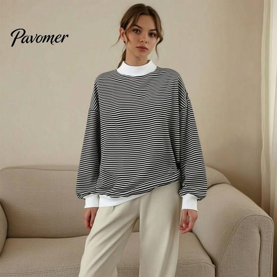 Sporty Workout Tops Women Mock Neck Striped Sweatshirt, Oversized Long Sleeve Pullover Top for Fall, Casual Half Turtleneck Shirt with Ribbed Cuffs